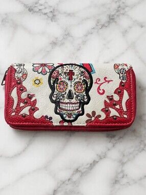 SUGAR SKULL Zip-Around Wallet - Red & White